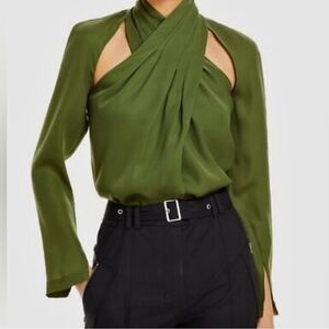 3.1 Phillip Lim Cut-Out Cross Front Long Sleeve Blouse in Dark Green